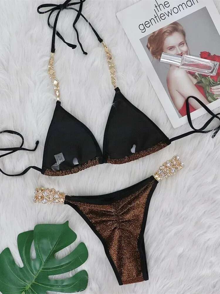Dongdumaoyi Sexy Bikinis Swimsuits Woman Luxury Rhinestones Push Up Diamond Thong Swimwear Shiny Gold Beach Bathing Suit Bikini Set