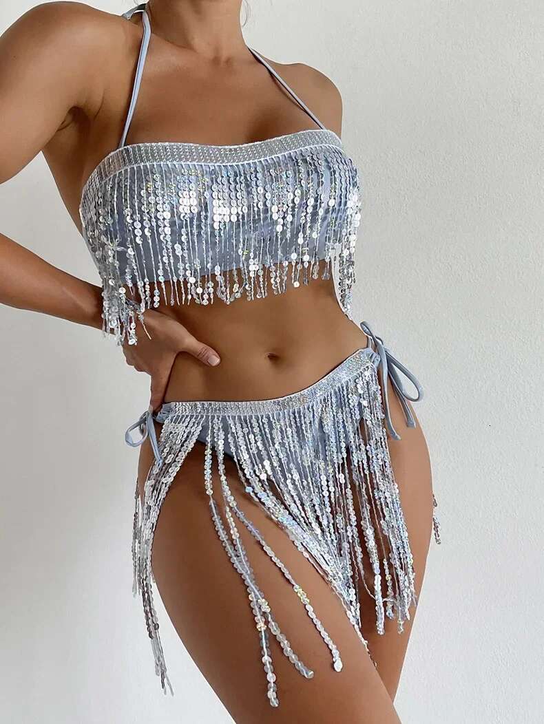 Dongdumaoyi Shiny Glitter Bikini Set Women Sexy Bandeau Push Up Sequin Tassel Swimsuit Ladies Beach Bathing Suit High Waist Swimwear