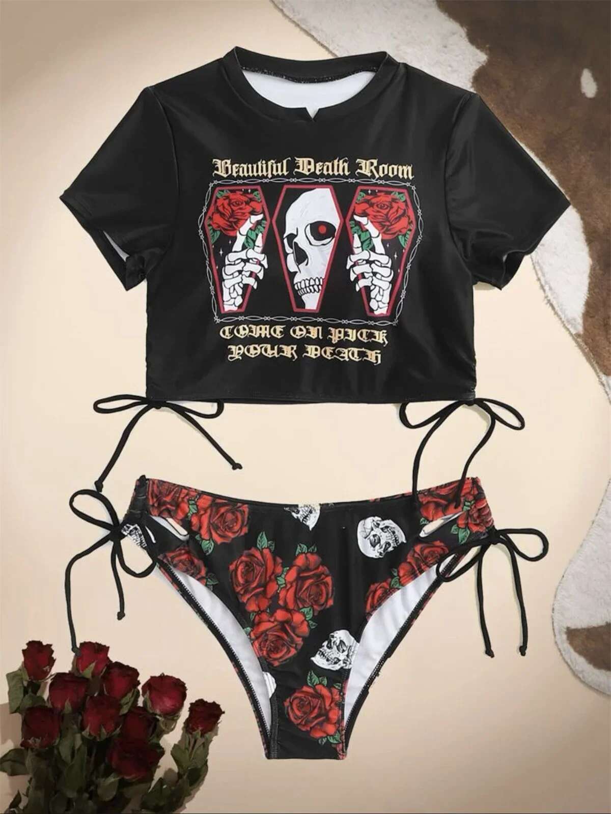 Dongdumaoyi Skull Print Bikini Goth Swimewear Women Black Floral Piece Swimwear Sexy Push Up Beach Bathing Suit High Waist Swimsuit