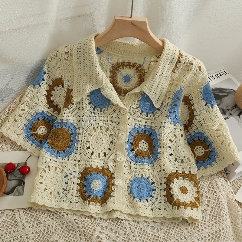 OUMEA Women Knitted Patchwork Crochet Polo Shirts Summer Vintage Buttons Front Knitted Crop Tops Bohemian Style Retro Tops 250408