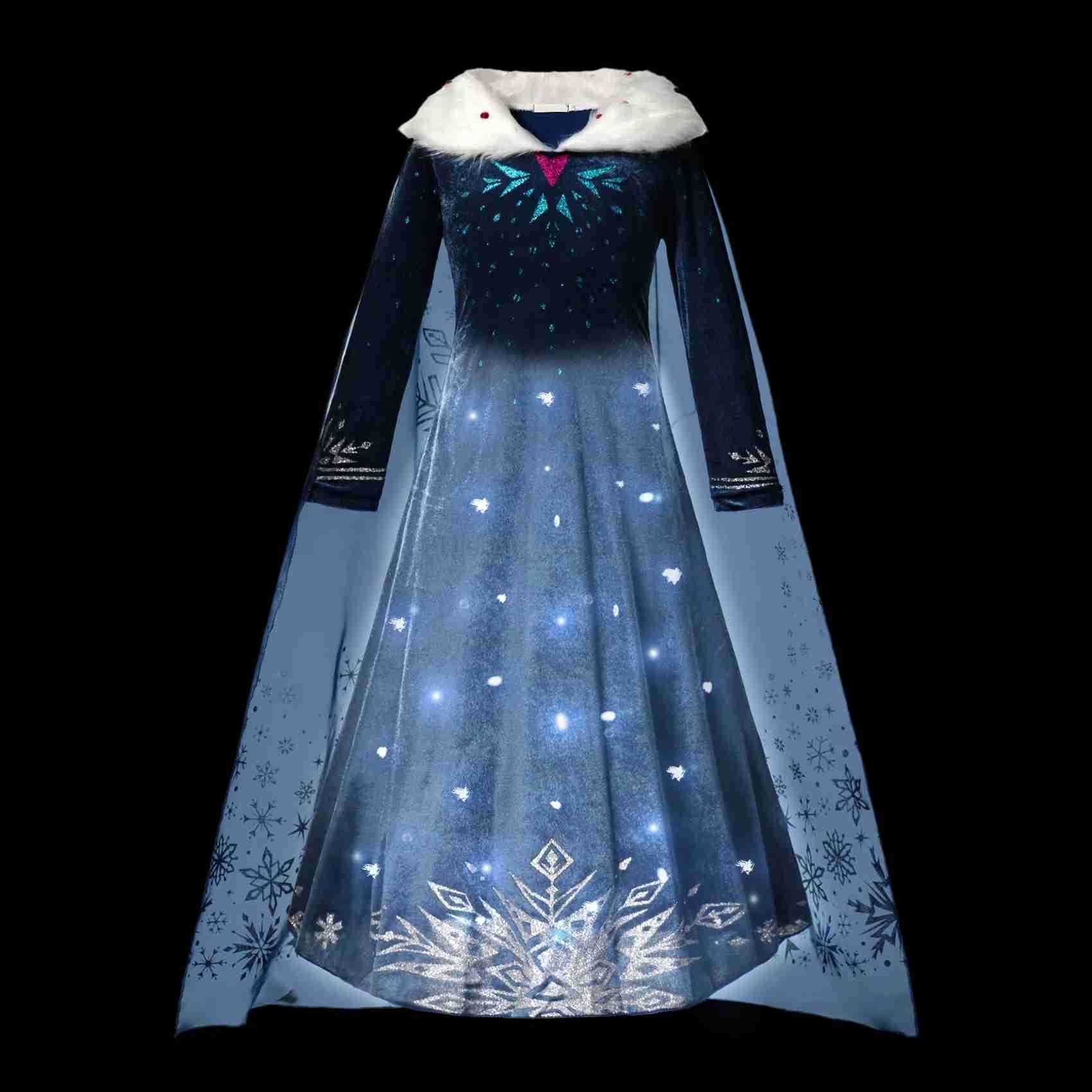 Disney LED Light Up Esla Costume Winter Dress Fur Collar Halloween Disguise Party Girls Birthday Party Gowns Long Sleeve Girls Dresses X250408