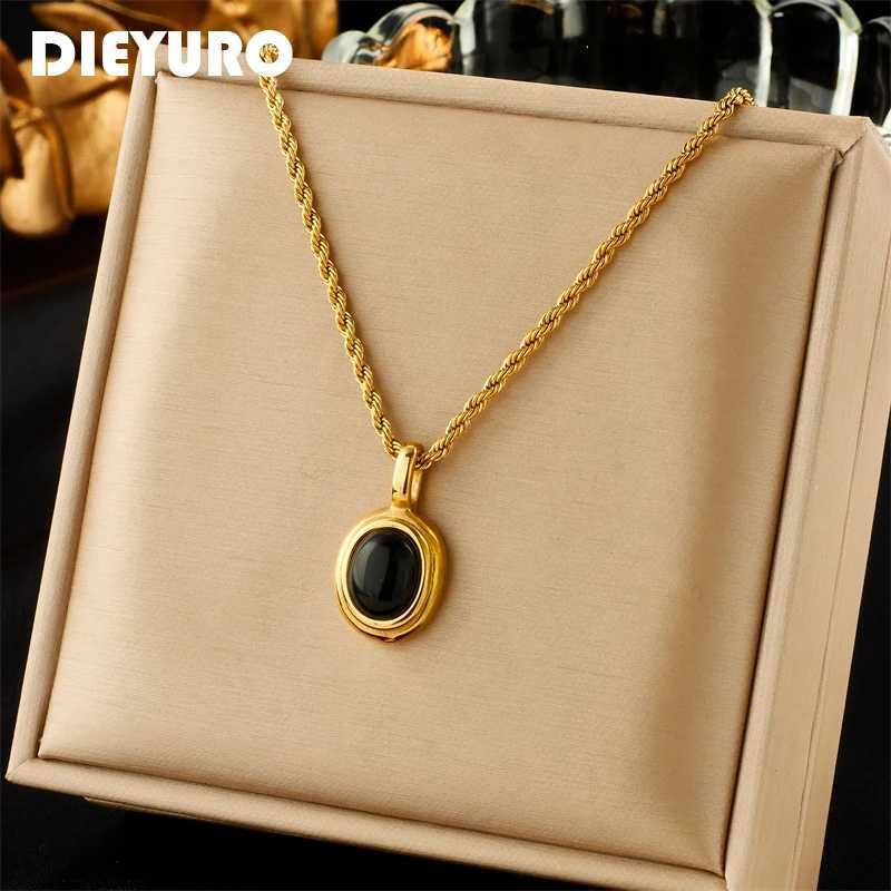 DIEYURO 316L Stainless Steel Oval Black White Stone Pendant Necklace For Women Girl New Trend Clavicle Chain Jewelry Gift PartyC250407