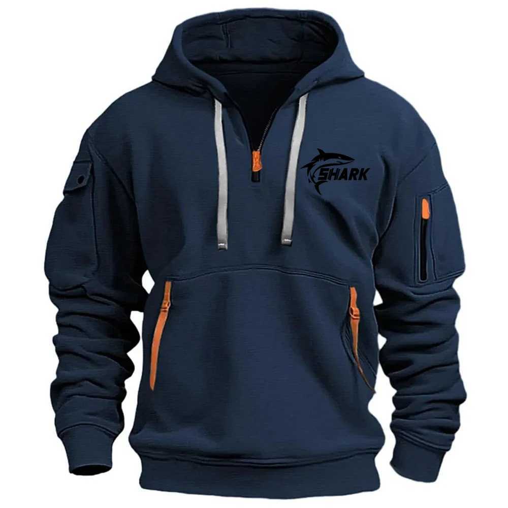 Mens hooded casual sports Pullover retro Harajuku long sleeved zipper multi pocket casual loose jacket streetwear W250408