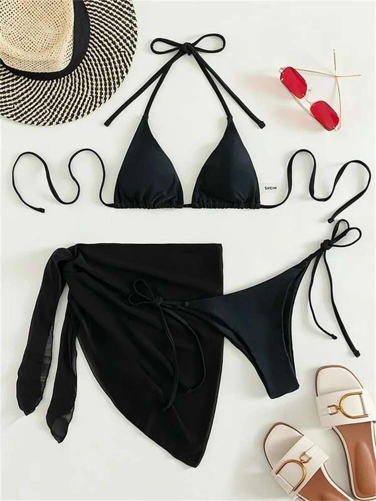 Dongdumaoyi Sexy Solid Brown Bikinis Set Women Ribbed Halter Push Up Mesh Skirt Swimsuit Mujer Brazilian Bathing Suit Cover Swimwear