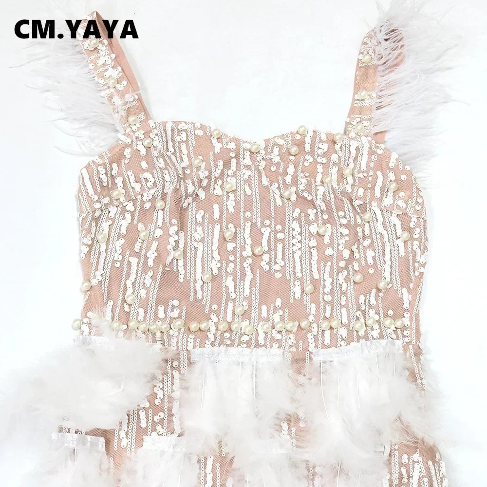 CM. YAYA Womens Sparkling Pearl Feather Belt Bodycon Midi Dress Summer Sleeveless Sexy Party Evening Dress Vestidos 250402