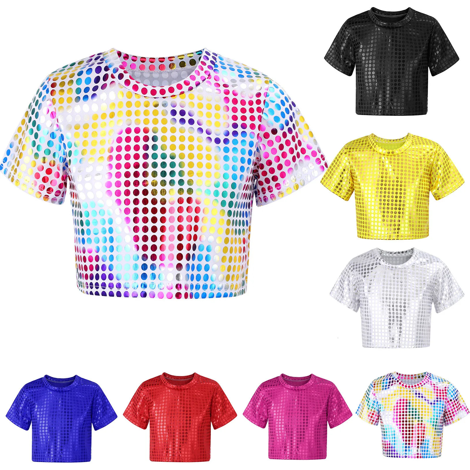 Jazz Dance Costumes Kids Boys Girls Shiny Sequins Short Sleeve Solid Color T-shirt Crop Tops Street Dance Stage Performance Wear 250407