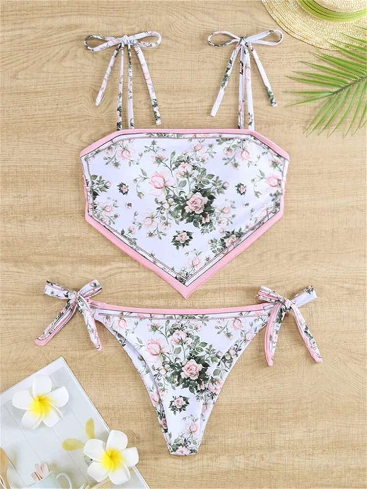 Dongdumaoyi Vintage Print Bikini Set Women Halter Push Up Crop Top Hollow Out High Waist Swimwear Beach Bathing Suit Lace Swimsuit