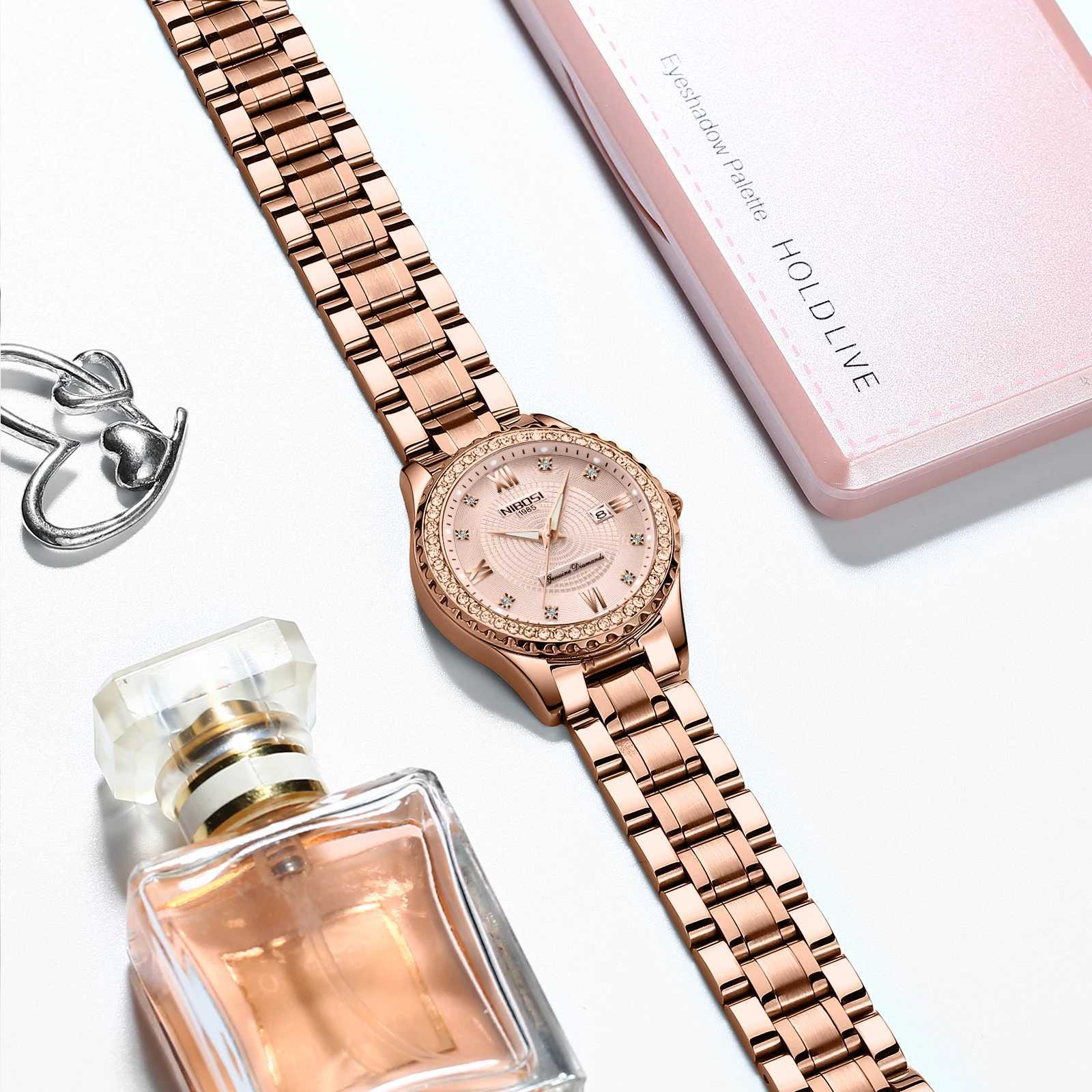 NIBOSI Womens Watch Diamond Luxury Rose Gold Simulated Quartz Watch Classic Fashion Waterproof Luminous Womens WatchT250408
