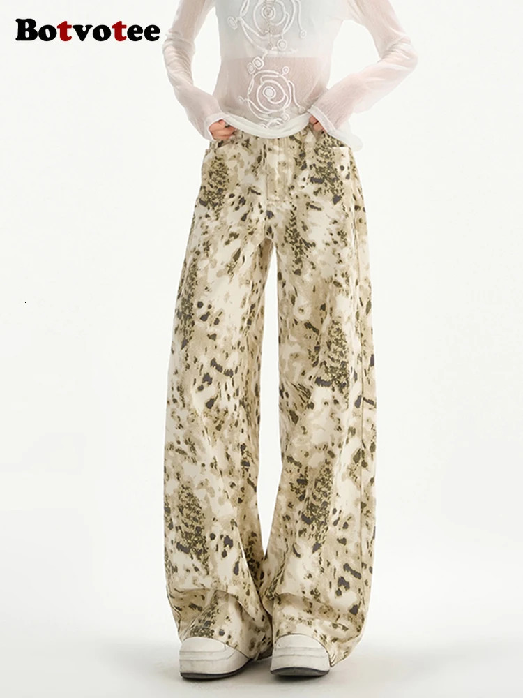 Botvotee Y2k womens leopard print jeans beige wide leg straight high waist denim pants streetwear fashion 250407