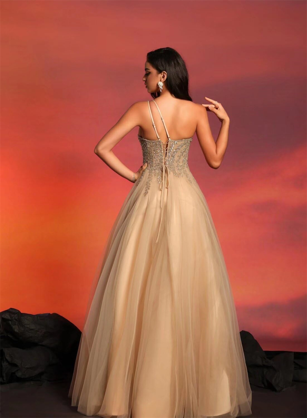Long Prom Dresses Elegant One-Shoulder Sequins Beading Split Tulle Lase-up A-Line Plus Size Formal Occasion Evening Party Gown Pd12