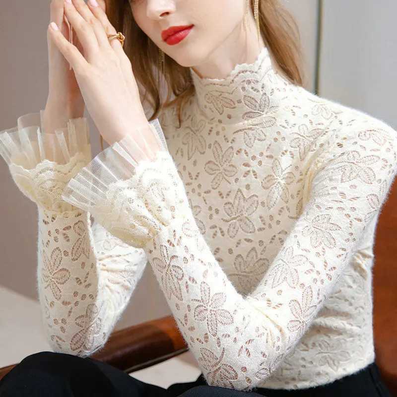 Temperament Ruffles Slim All-match Lace Bottoming Shirt Spring Autumn Korean Long Sleeve Elegant T Shirts Fashion Women Clothing C251110