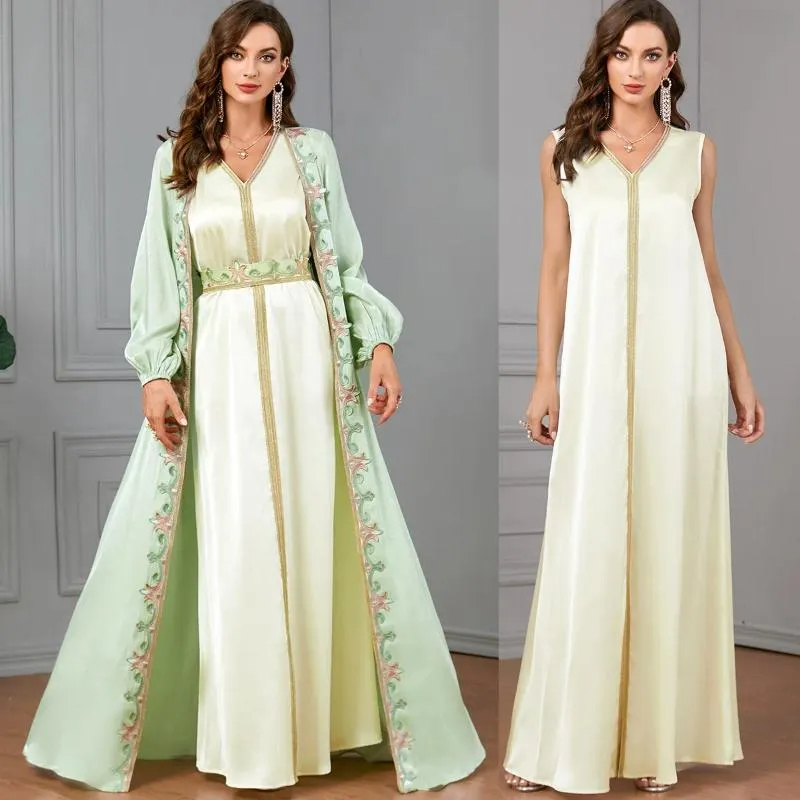 Ethnic Clothing Women Dress Set 2 Pieces Morocco Caftan Elegant Muslim Abaya Dubai Satin Kimono Cardigan Robe Beads Long Sleeve Abays