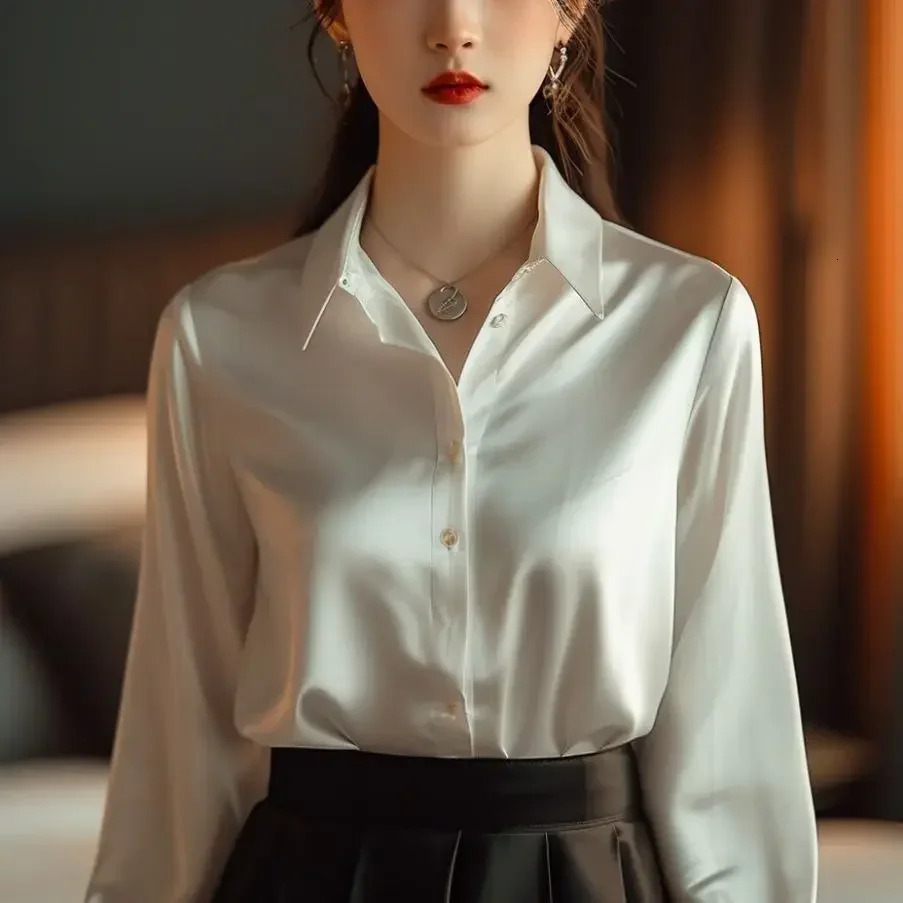 Summer and Autumn Silk Shirt Womens Retro Shirt Long Sleeve Button Office Shirt Womens T-shirt Womens Casual Shirt 250402