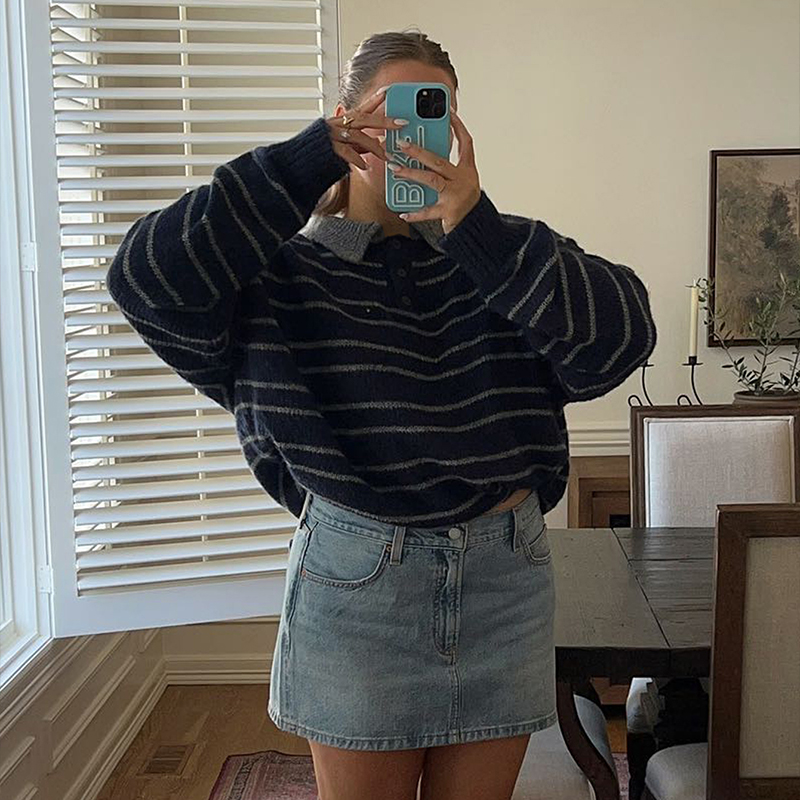 Women's Long Sleeve Clashing Stripe Sweater, POLO neck drop shoulder loose top, Street Fashion Vacationwinter clothes for women, herbst kleidung 