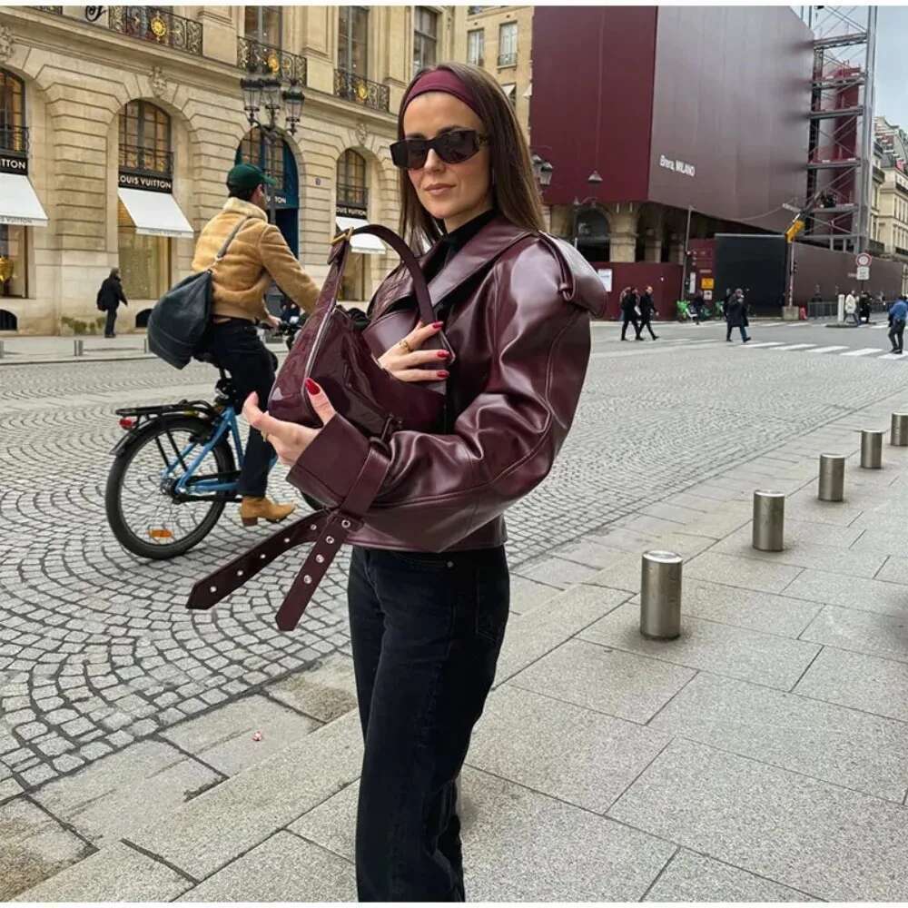 Wine Red Retro PU Autumn And Winter Women's Street Temperament Lapel Tie Warm Slim Fit Office Casual Short Jacket