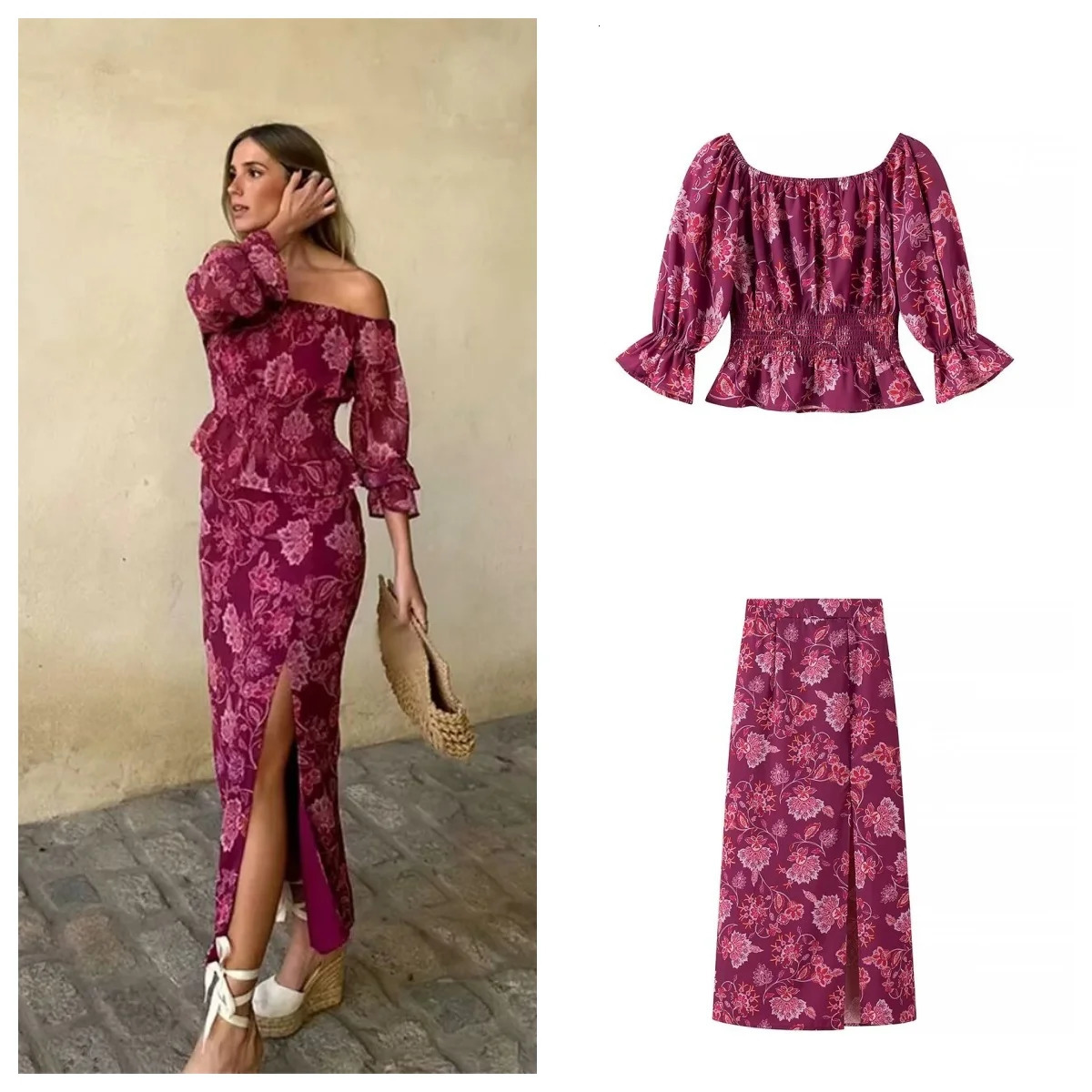 European and American style printed suit for women one-shoulder slim long-sleeved shirt with high-waisted straight slit ski 251104