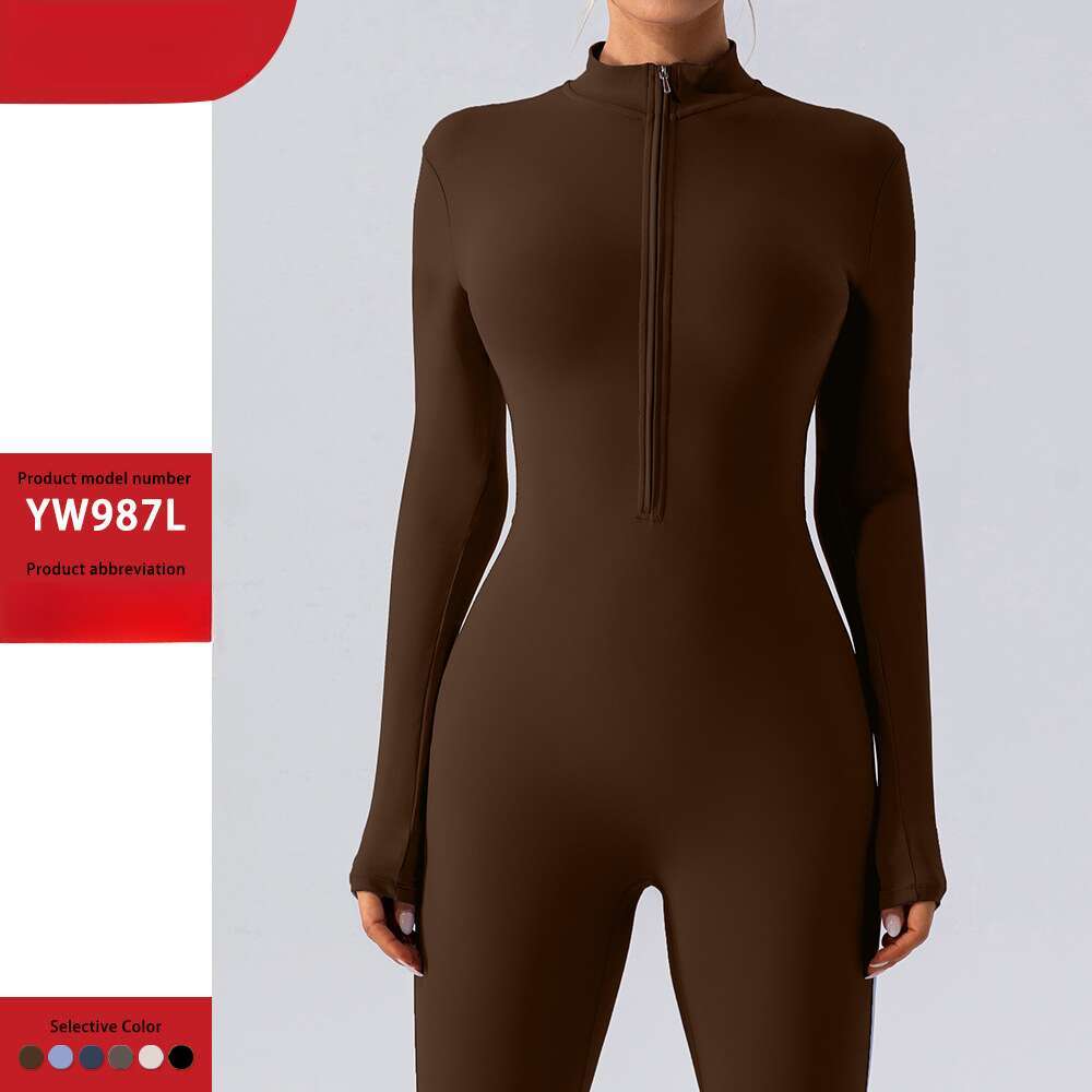 European American zipper nude long sleeved yoga women's sports and fiess training dance integrated jumpsuit, 2025 new casual versatile fashion cl