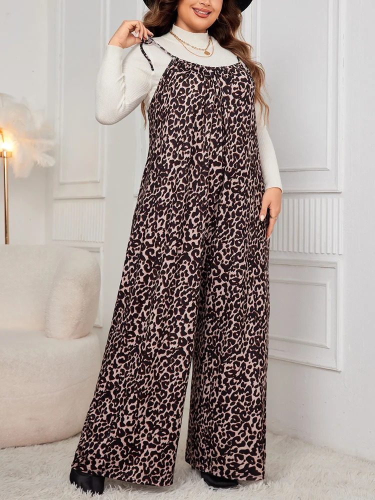 GIBSIE Plus Size Leopard Print Tie Shoulder Jumpsuits Women Spring Fall Sleeveless Loose Fashion Wide Leg Jumpsuit 250407