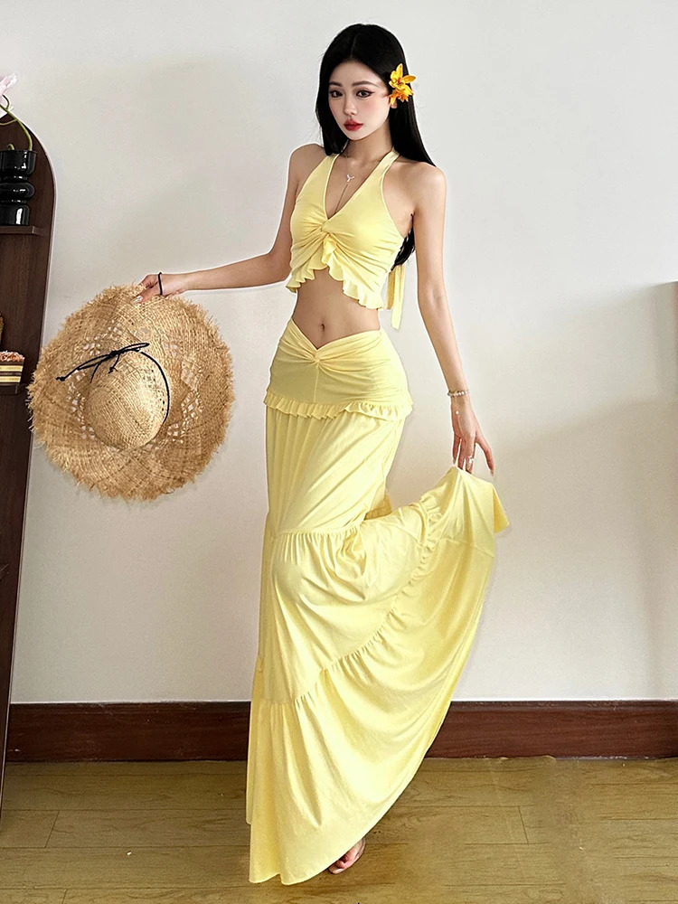 Nibber Elegant Vacation 2 Piece Set Women Halter Backless Crop CamisoleElastic Waist Ruffles Long Skirts Ruched Street Suits 250408