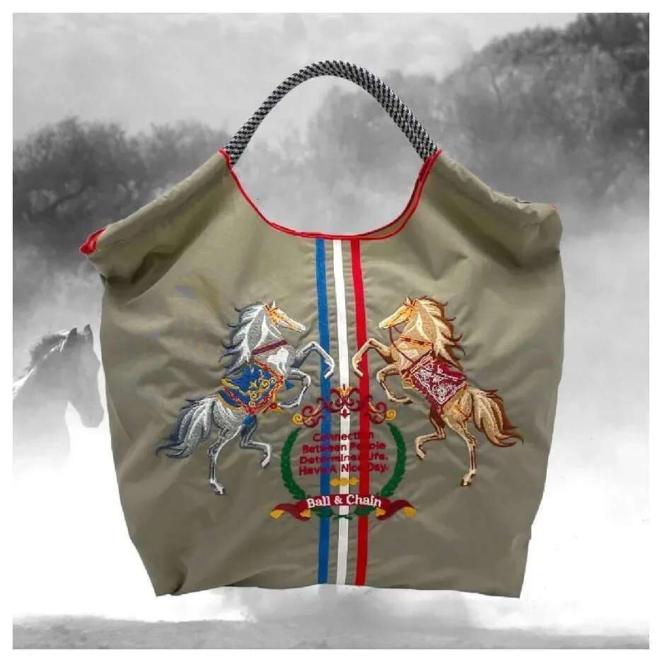 Double Horse Pattern Embroidered Nylon Eco-Friendly Bags Shopping Stylish Large Capacity Hand-Held Shoulder Crossbody Bag