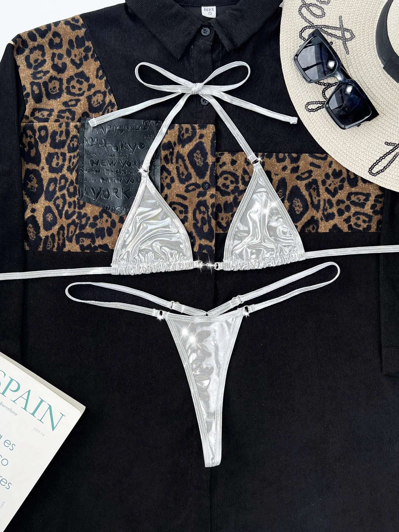 Dongdumaoyi Sexy Silver Triangle Bikini Women Solid Cut Out Push Up Micro Swimsuit Biquini Brazilian Shiny Bathing Suit Thong Swimwear
