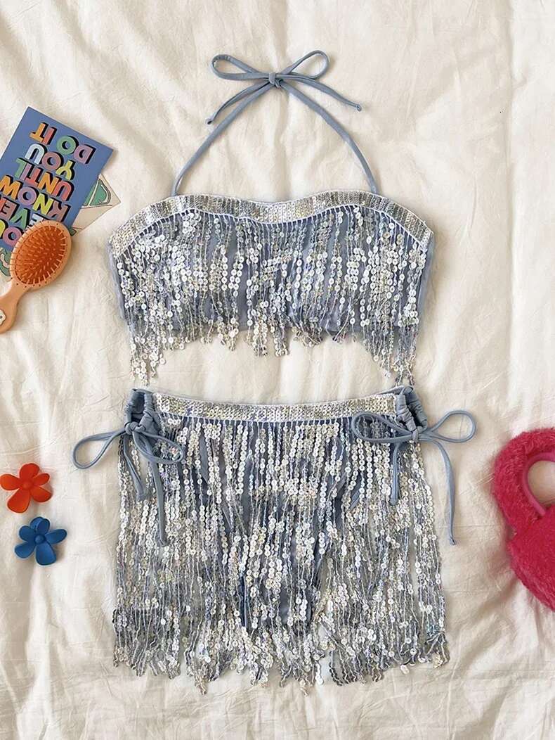 Dongdumaoyi Shiny Glitter Bikini Set Women Sexy Bandeau Push Up Sequin Tassel Swimsuit Ladies Beach Bathing Suit High Waist Swimwear