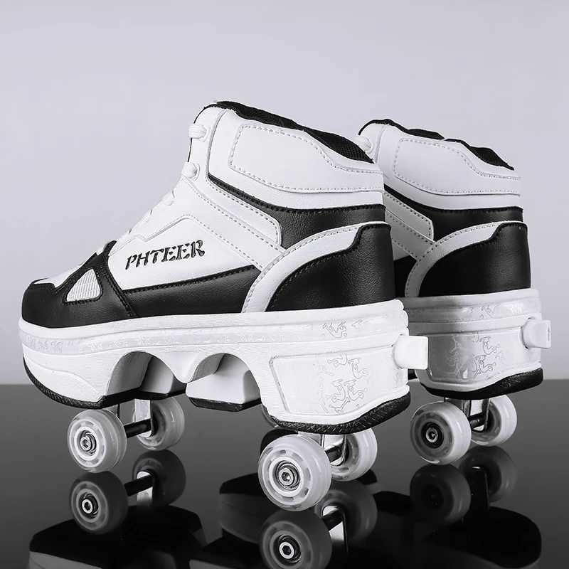 Boys and Girls Angry Shoes Four Wheel Student Edition Childrens Roller Skating Lace Retractable Wheel Adult Walking Skating Shoes W250407