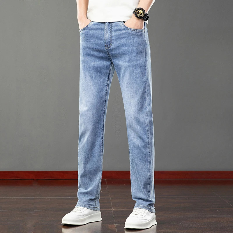 Summer ultrathin mens slim fit jeans blue gray elastic straight light business casual denim pants classic style 250401