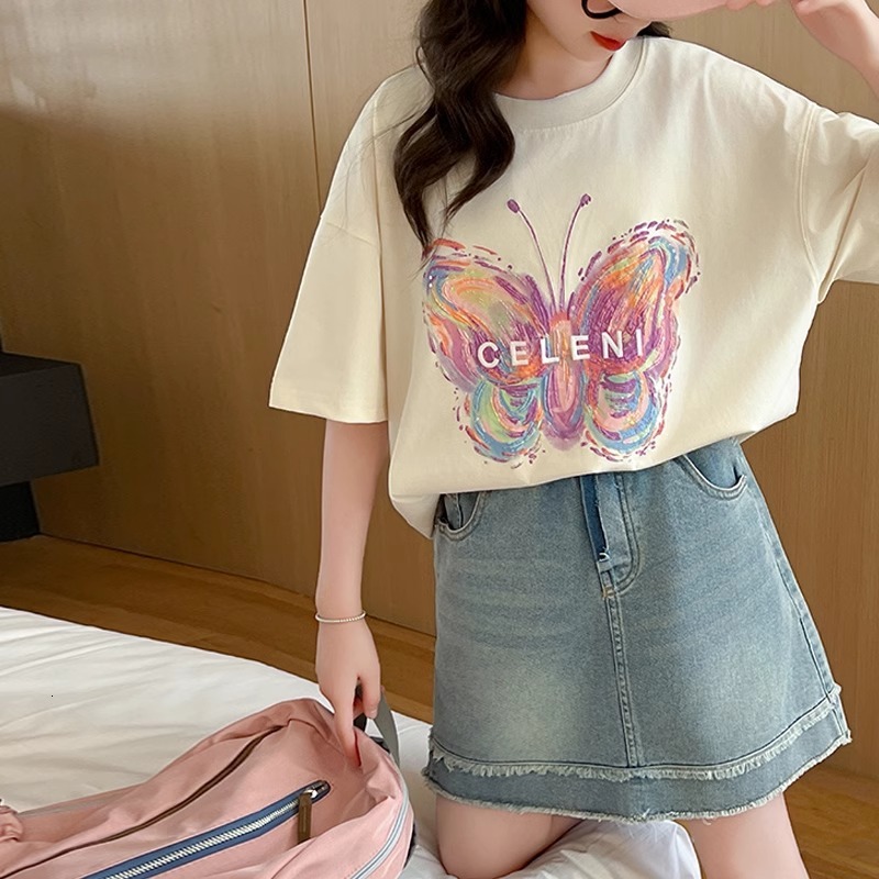 Ddmyshoesvip Girls Short Outfit Big Children S Cotton Summer T Shirt Little Girls Butterfly Print Half Sleeved Top Thin