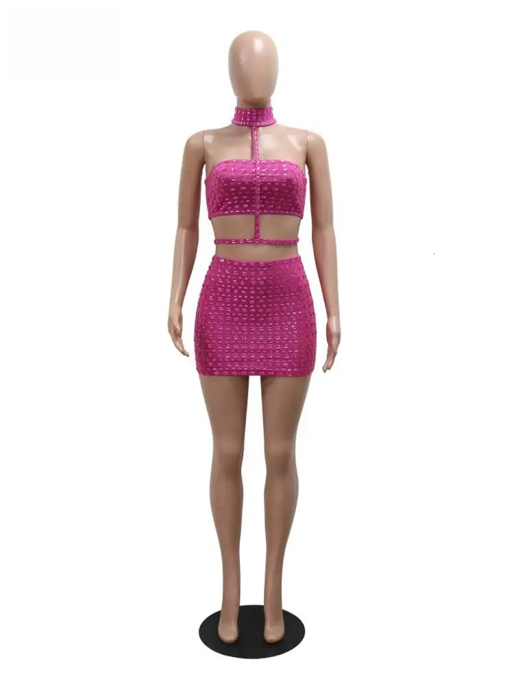 Rhie 2 Piece Sets Women Outfit Sexy Cutout Halter Tank Top And Mini Skirt Match Summer Birthday Party Clubwear