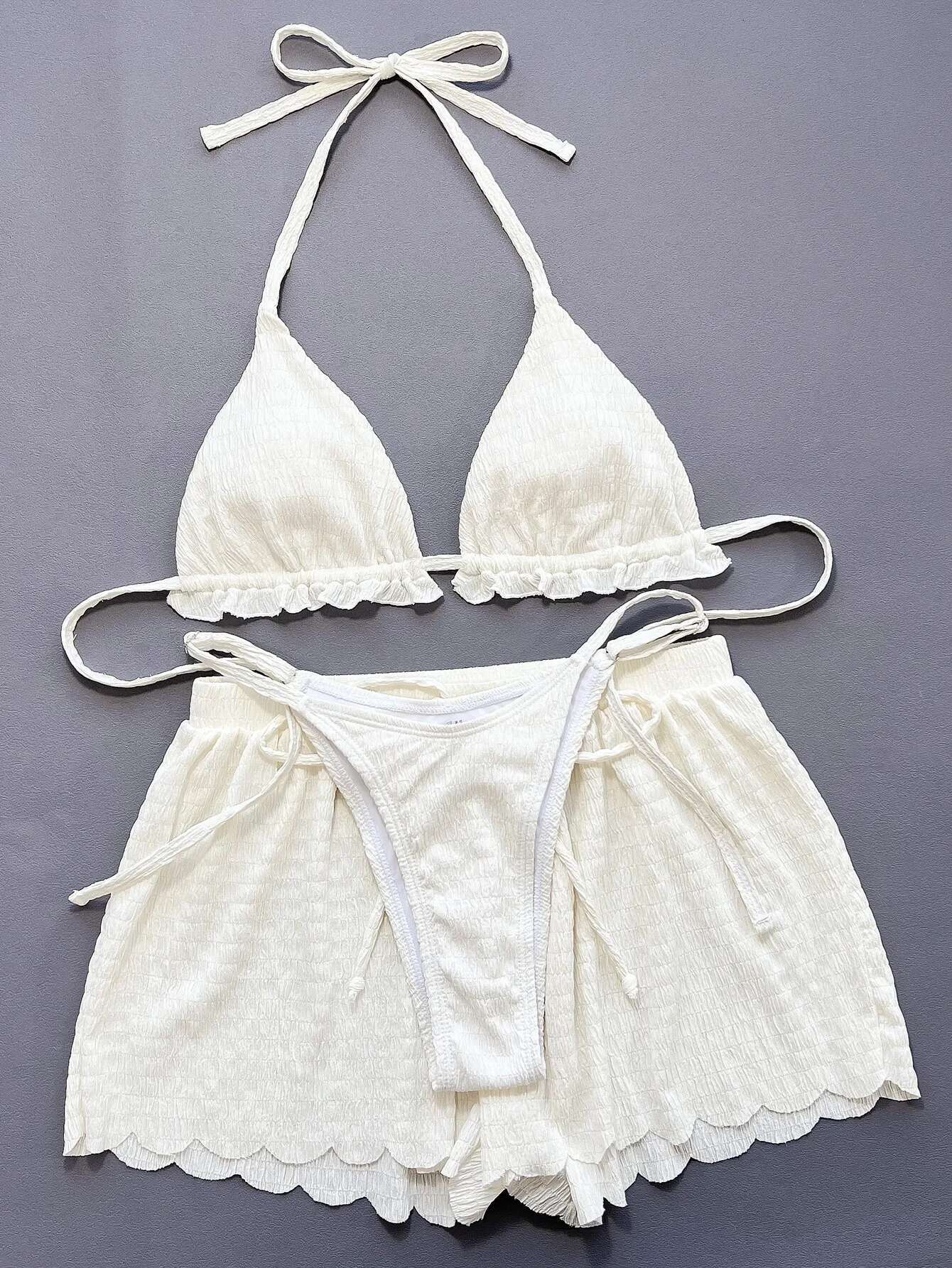 Dongdumaoyi Sexy White Bikini Women Halter Ruffles Push Up Drawstring High Waist Panties Piece Swimsuit Beach Bathing Suit Swimwear