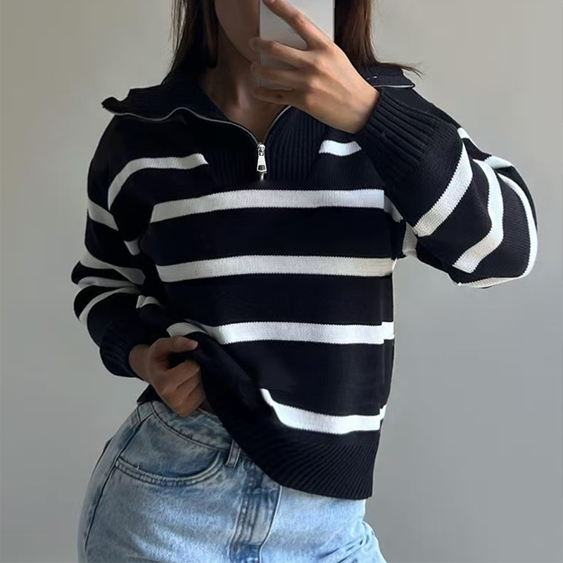 Women's color-blocked striped sports sweater, half-open front collar long-sleeved top, highly versatile suitable for outdoor and indoor exercise,