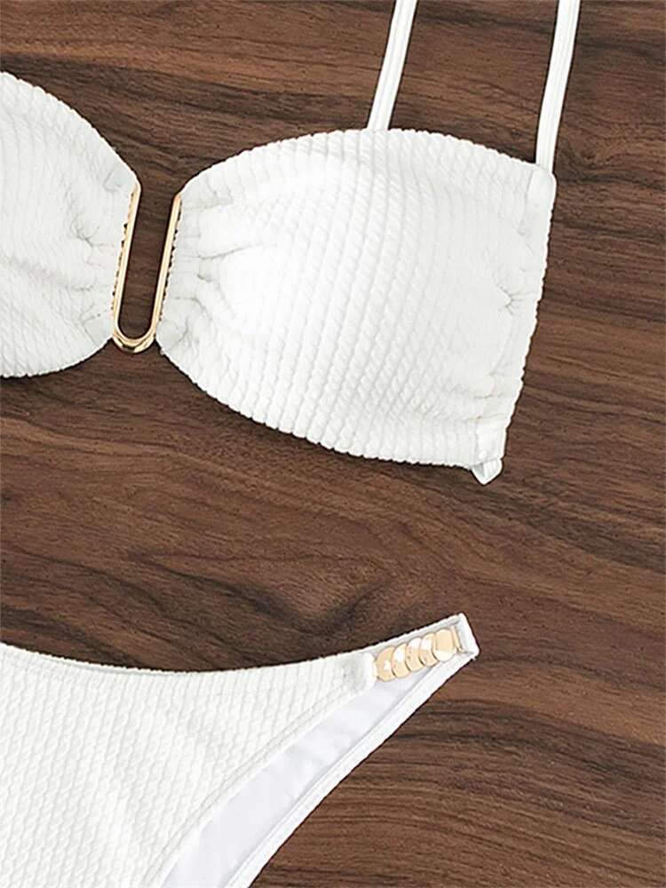 Dongdumaoyi Sexy U Neck Bikini Set Women Solid White Black Push Up Pleate Micro Swimsuit Brazilian Cut Out Bathing Suit Thong Swimwear