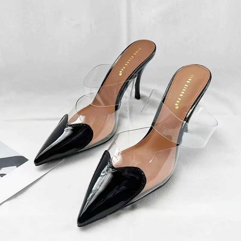 Womens Mule Pointed Toe Slip Pahwork Hearts Patent Leather Elegant Thin High Heels Slip Womens PumpXJ250407