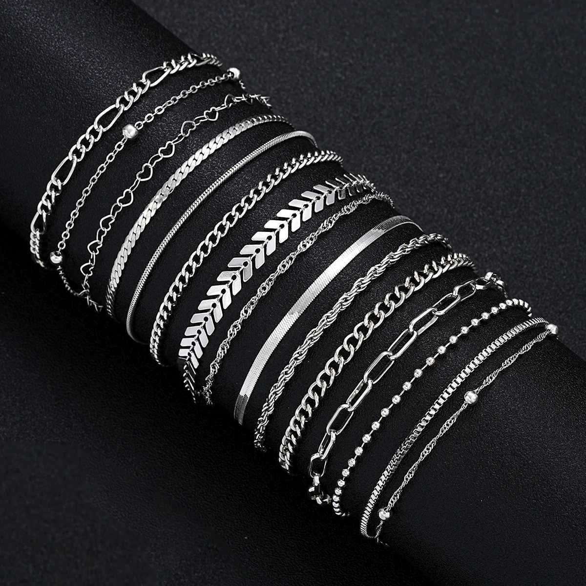 15 Pcs/Set Dainty Silver Color Metal Bracelet Set For Wen Boho Retro Thick Twist Cuban Chain Bracelet Party Tren Jewelry NewC250408