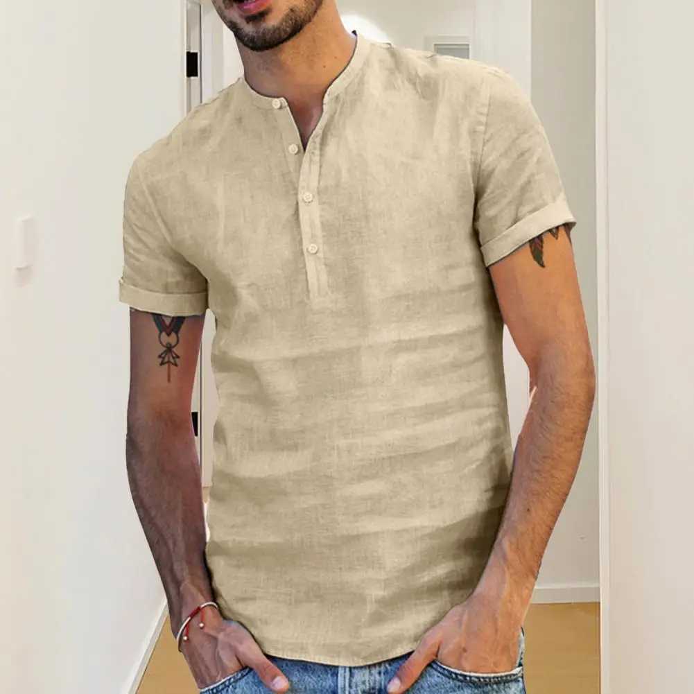 Summer new mens solid color short sleeved T-shirt cotton linen LED casual mens T-shirt mens breathable topXJ250407