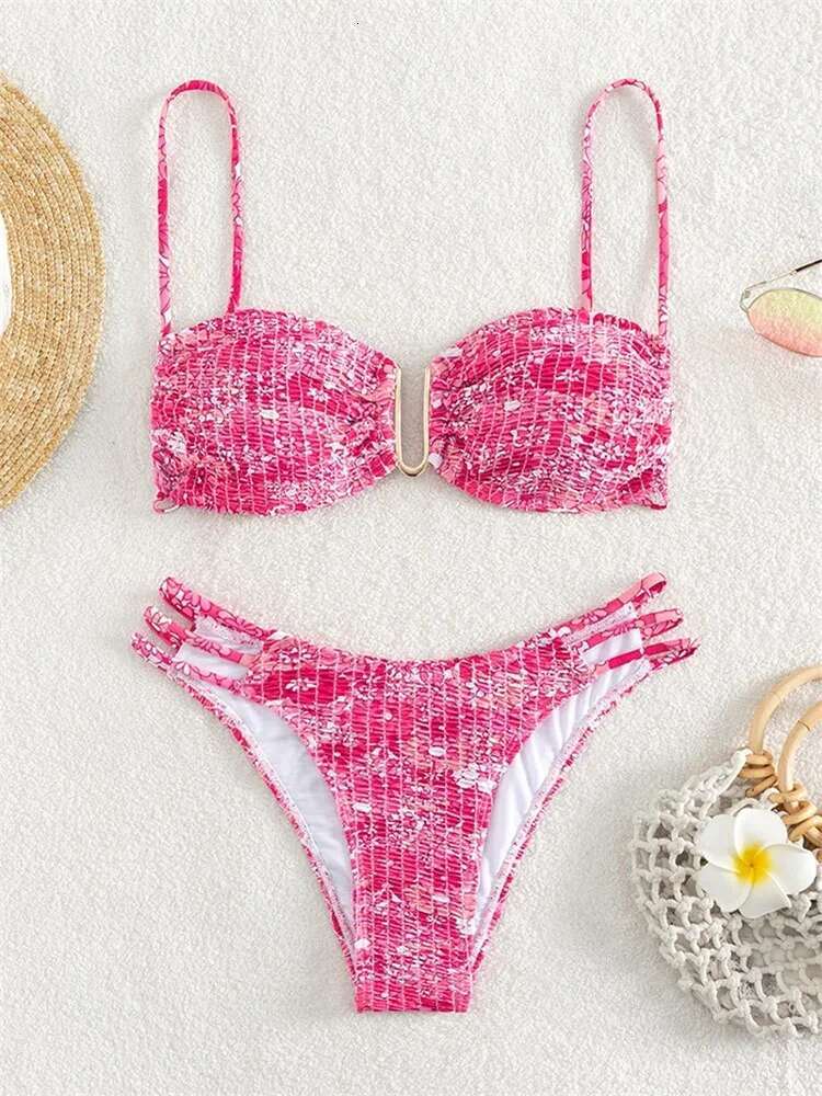Dongdumaoyi Sexy Pleate Micro Bikini Women U Neck Push Up Orange Floral Print Swimsuit Summer Bathing Suit Lace Thong Swimwear