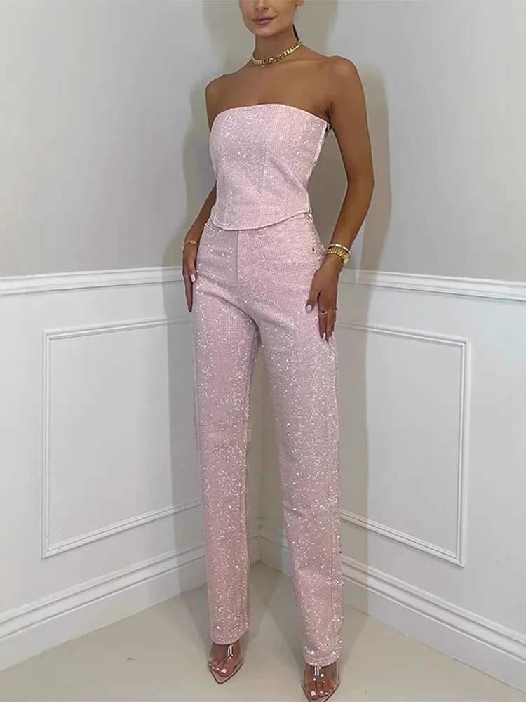 Women's Sparkg Rhie Denim Set Corset Shaping Crop Top Matching Slim Fit Jeans Party Clubwear Nightclub Cowgirl Style
