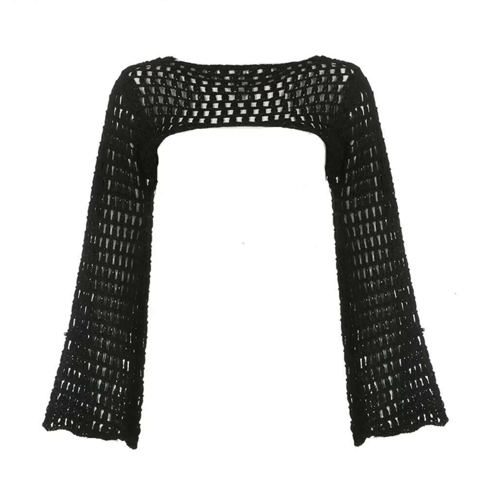 Y2k Crochet Knit Hollow Out Crop Top Long Flared Sleeve Shrug Sweater Mesh Cover Ups Cardigan Streetwear Pullover Women