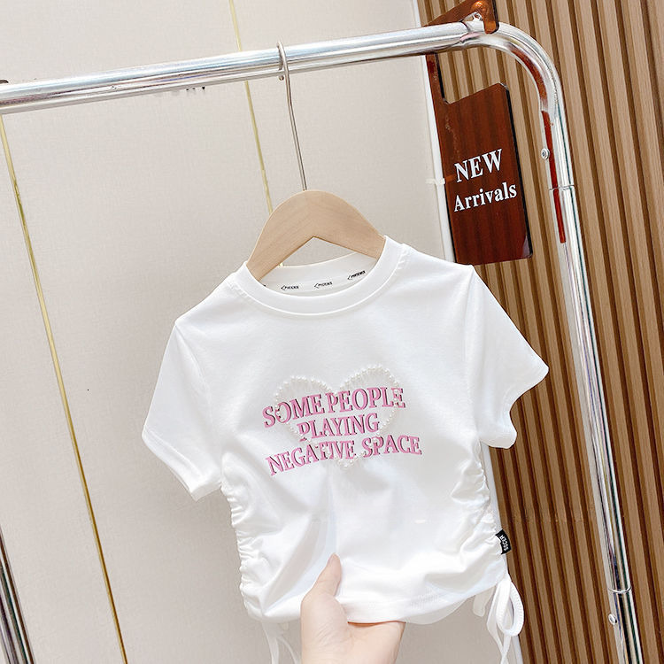 Ddmyshoesvip Korean Version Clothing Girls Summer Fashion Minimalist Letter T Shirt Children S Ice Silk Drawstring Short Sleeved Top
