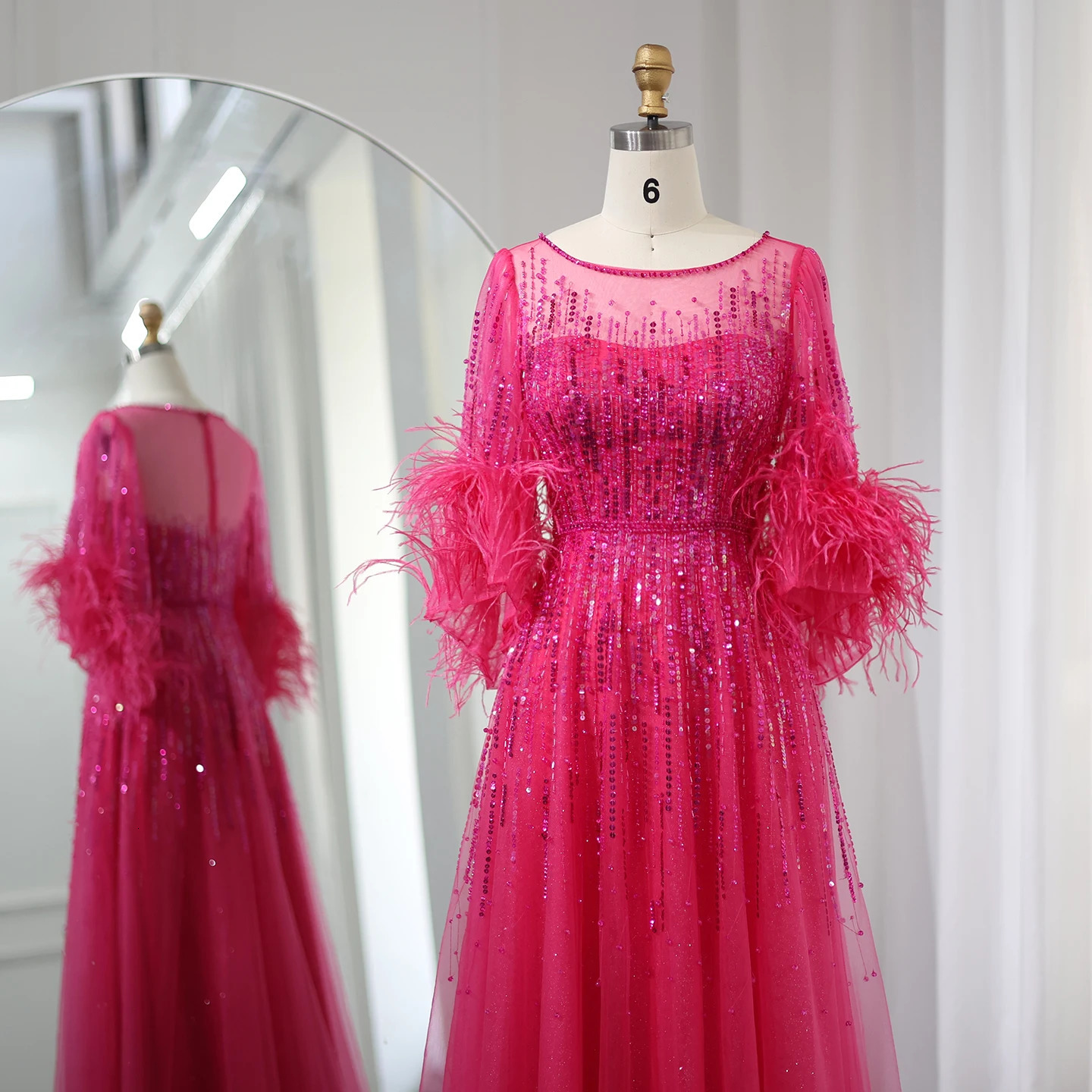 Sharon Said Feather Black Dubai Womens Fuchsia Arab Half Sleeve Wedding Party Dress SS339 Customized 250402