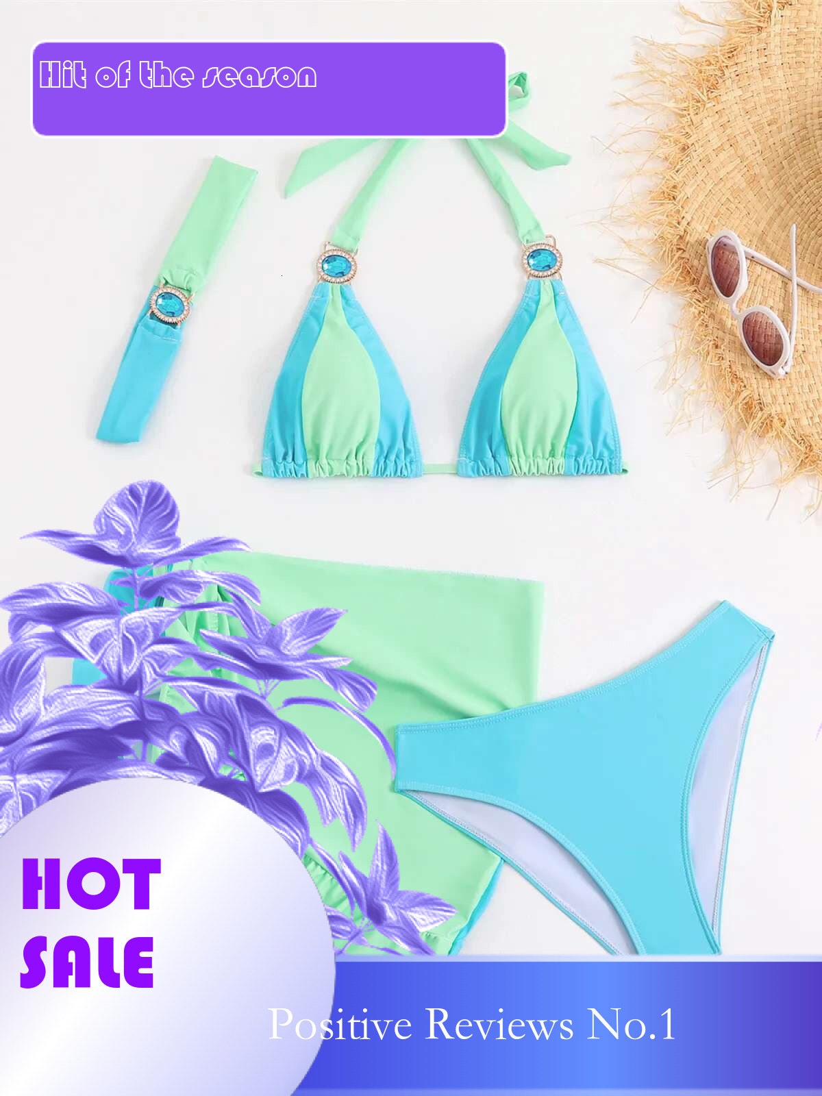 Dongdumaoyi Luxury Rhinestone Bikini Women Green Contrast Diamond Push Up Ruffles Skirt Piece Swimsuit Beach Bathing Suit Swimwear