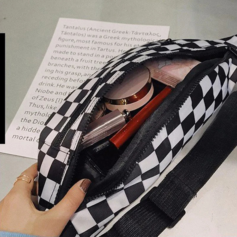 Black and white checkered waist bag womens fashion cross body bag double zipper canvas chest bag 250402