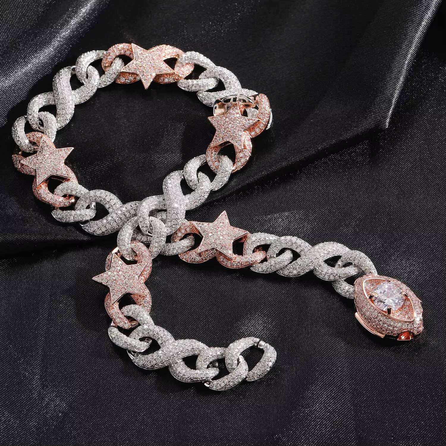 Wholesale White Gold Plated Rhinestone Hip Hop Moon Iced Out Mossanite Cuban Link Chain Two Tone Jewelry Star Necklace for Men