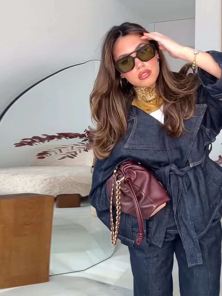 Women's Denim Pants Set Long Sleeve Jacket With Belt Matching High Waist Straight Leg Jeans Spring New Casual Daily Outfits