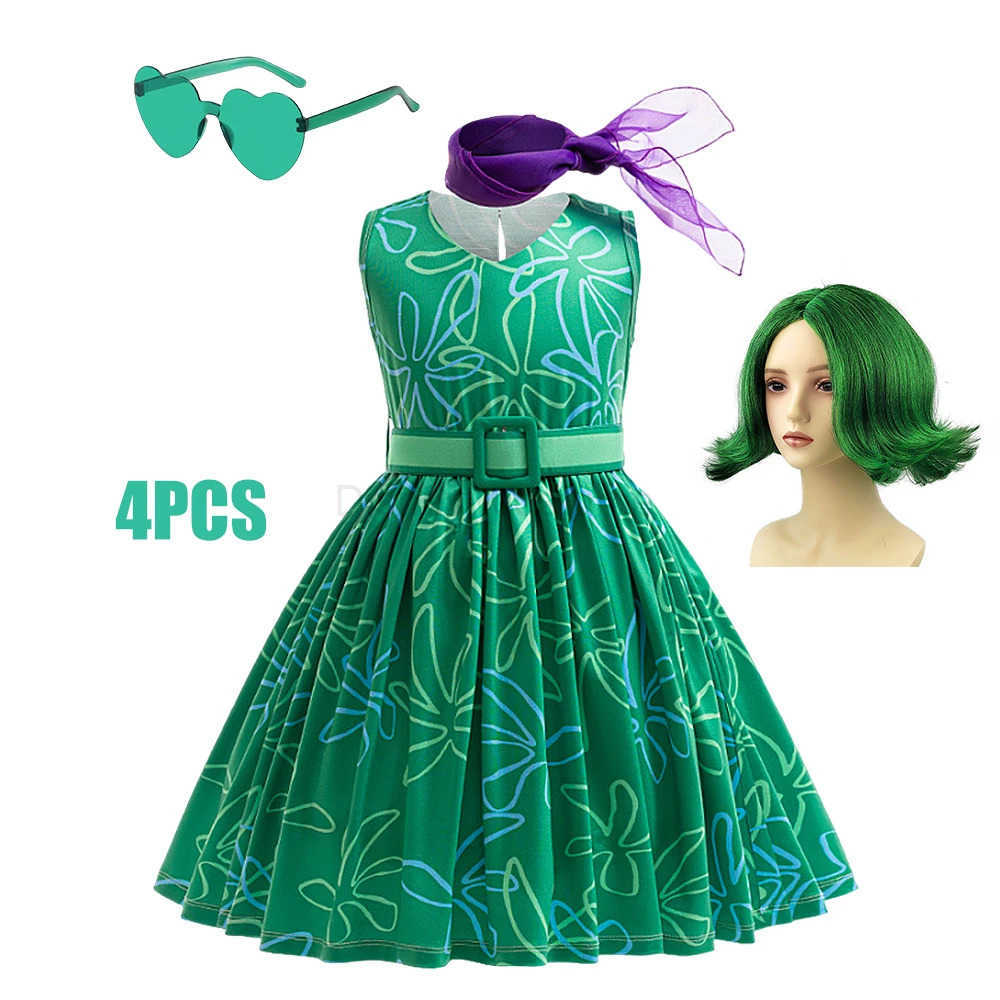 Disney 3PCS Full Printing Green Dress for Kids Girl Cosplay Dress+Scarf +Belt Disgust Costume Halloween Disguise Party Joy Clothing X250408