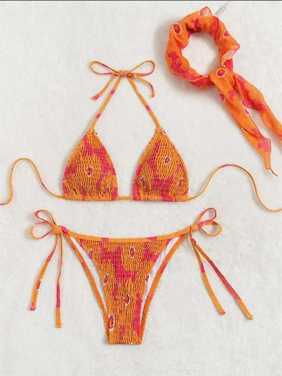 Dongdumaoyi Sexy Band Piece Bikini Set Women Orange Floral Print Pleate Push Up Micro Swimwear Bathing Suit Tie Side Thong Swimsuit