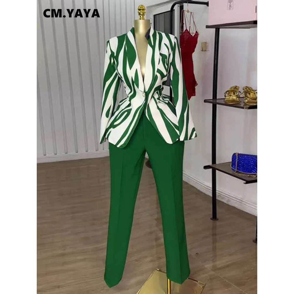 Cm.Yaya Fashion Women's Set Striped Long Sleeve Blazer Top And Straight Pants Suit 2025 OL Chic Two 2Piece Sets Outfit Tracksuit