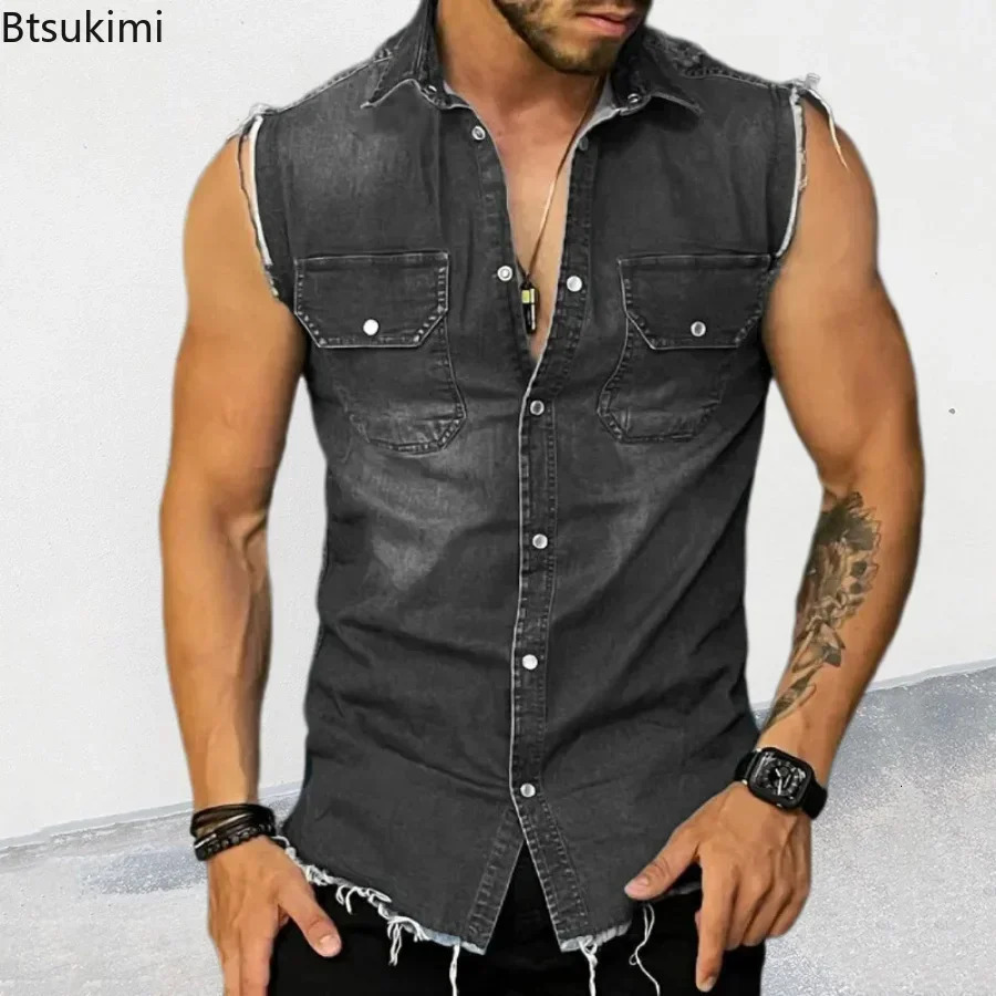 mens summer denim vest with lapel pockets sleeveless hiphop jeans jacket muscular top 250407