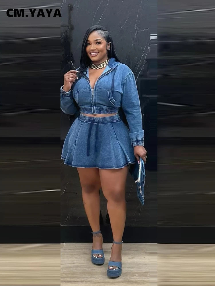 CM.YAYA Denim Women Set Street Long Sleeve Hooded Jacket and A-line Ball Gown Skirt Suits Two 2 Piece Jeans Set Summer Tracksuit 250408